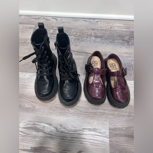 Bundle Black Combat Boots and Burgundy Mary Jane Shoes Girls Size 12-13 - Picture 1 of 11